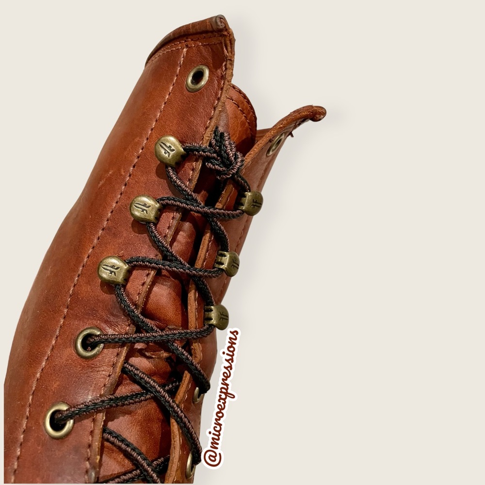 Frye Karen Cognac Leather Combat Lace Up Combat Wood Block Heeled Ankle Booties - Picture 9 of 14